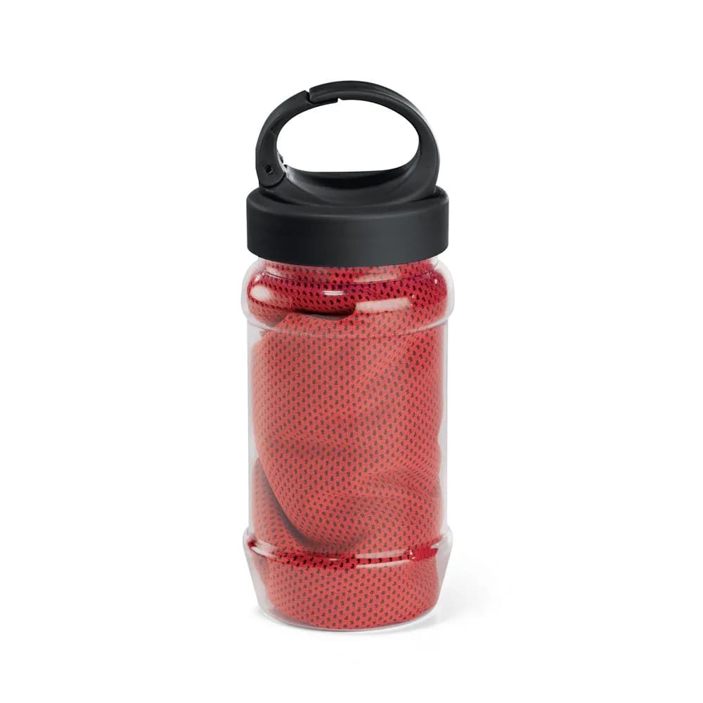 Sporthandtuch aus Polyamid und Polyester mit Flasche (440 mL) aus PP und PET und einem integrierten Karabinerhaken am Deckel - ARTX PLUS - Rot