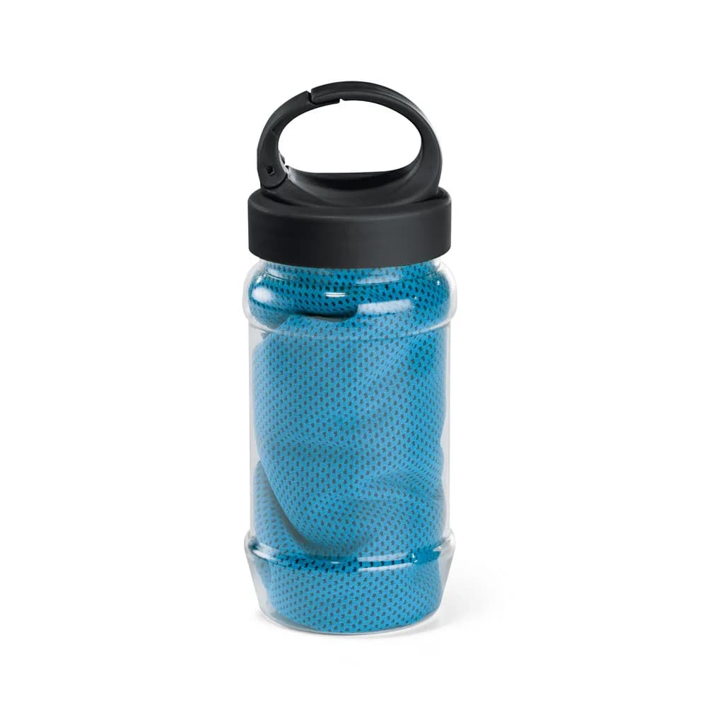 Sporthandtuch aus Polyamid und Polyester mit Flasche (440 mL) aus PP und PET und einem integrierten Karabinerhaken am Deckel - ARTX PLUS - Hellblau