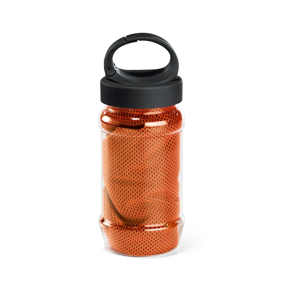 Sporthandtuch aus Polyamid und Polyester mit Flasche (440 mL) aus PP und PET und einem integrierten Karabinerhaken am Deckel - ARTX PLUS - Orange