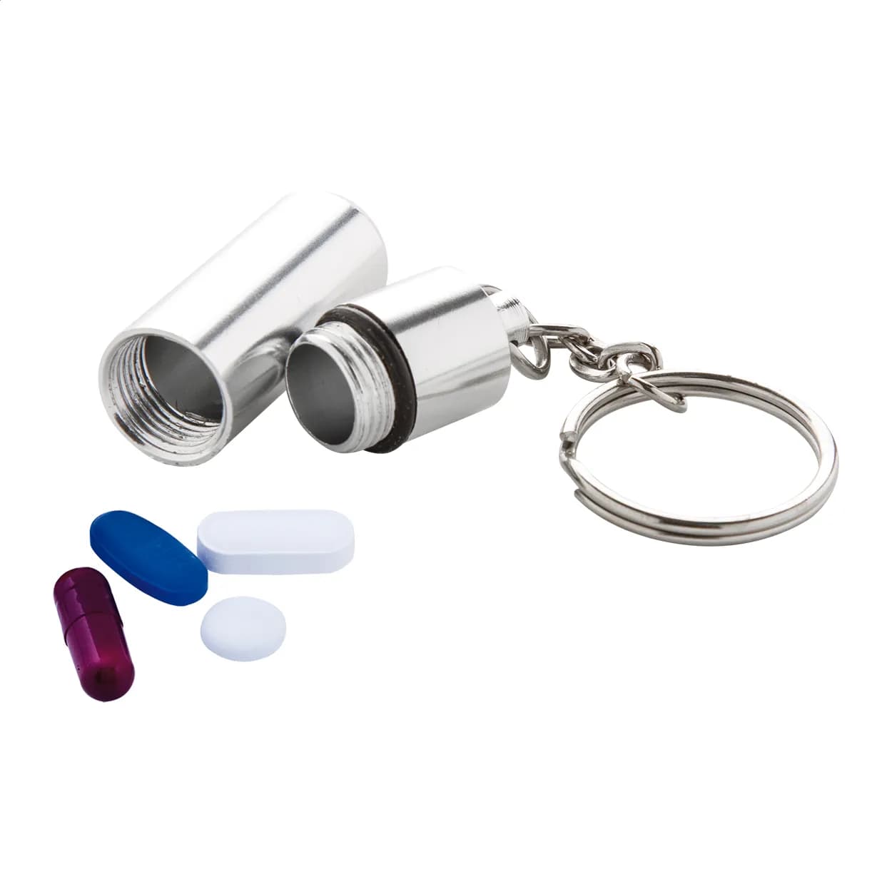 Schlüsselanhänger mit Pillenbox - Carrypill - silber