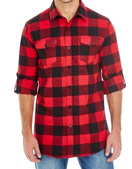 Woven Plaid Flannel Shirt - Red - Black (Checked)