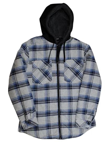 Men´s Flannel Jacket With Sherpa Hoodie - Grey - Blue (Checked)