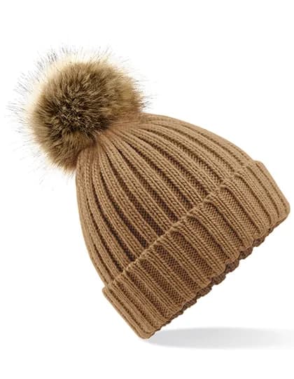 Faux Fur Pop Pom Chunky Beanie - Biscuit