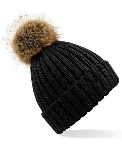 Faux Fur Pop Pom Chunky Beanie - Black