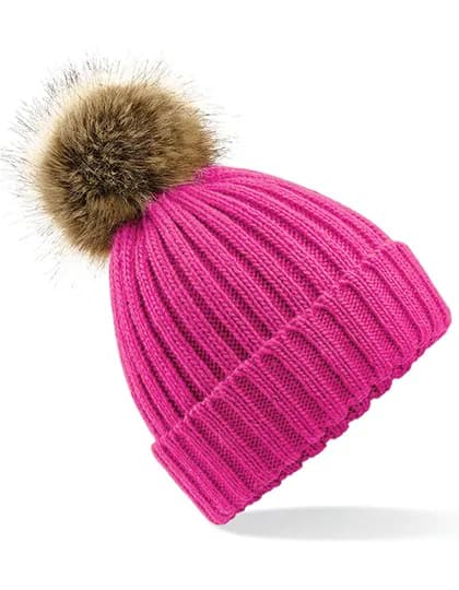 Faux Fur Pop Pom Chunky Beanie - Fuchsia