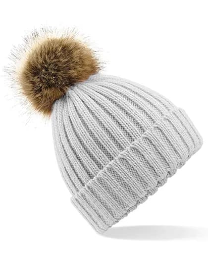 Faux Fur Pop Pom Chunky Beanie - Light Grey