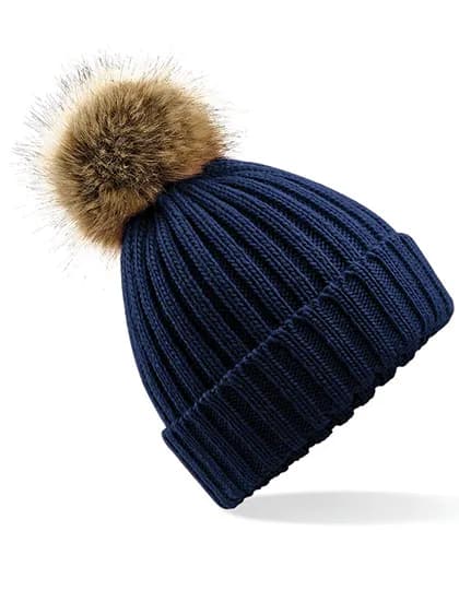 Faux Fur Pop Pom Chunky Beanie - Navy