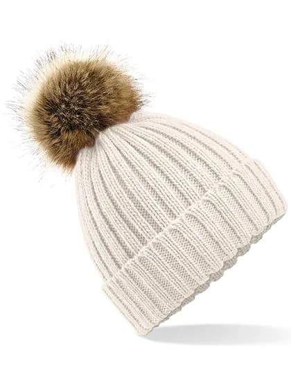 Faux Fur Pop Pom Chunky Beanie - Oatmeal