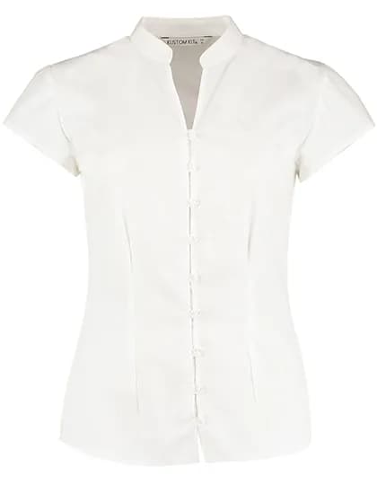 Tailored Fit Mandarin Collar Poplin Blouse Cap Sleeve - White