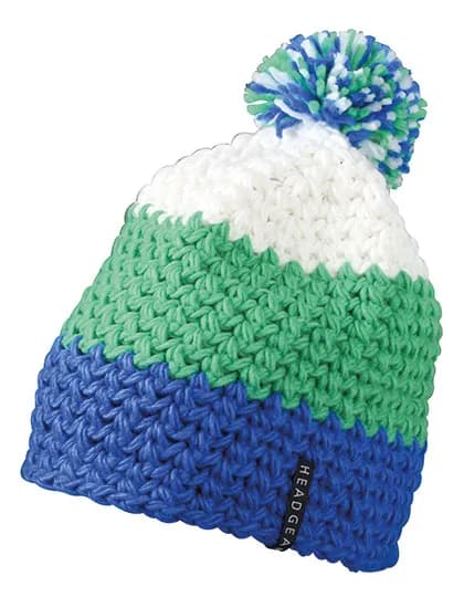 Crocheted Cap With Pompon - Aqua/Lime Green/White