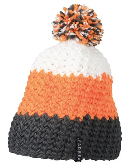 Crocheted Cap With Pompon - Carbon/Orange/White