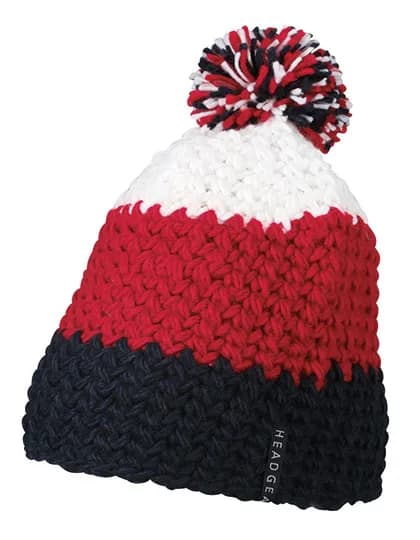 Crocheted Cap With Pompon - Navy/Red/White