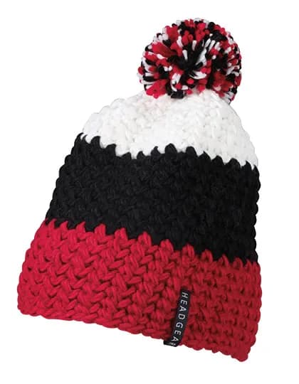 Crocheted Cap With Pompon - Red/Black/White