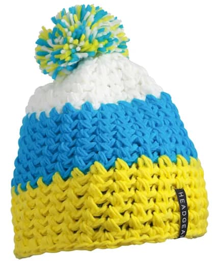 Crocheted Cap With Pompon - Yellow/Pacific/White