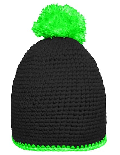 Pompon Hat With Contrast Stripe - Black/Neon Green