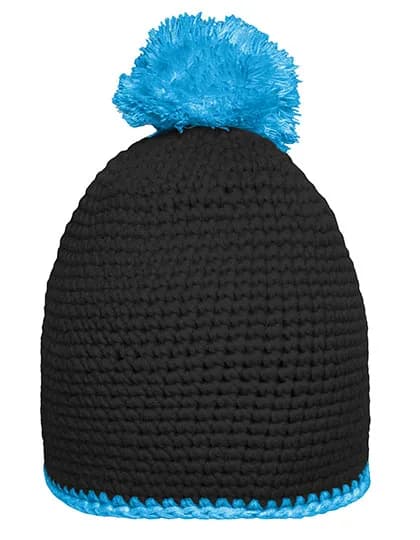 Pompon Hat With Contrast Stripe - Black/Turquoise
