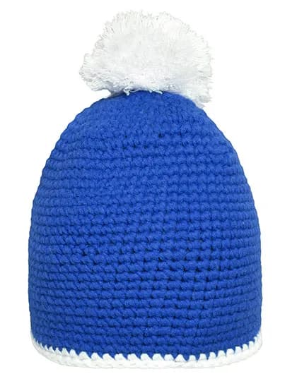 Pompon Hat With Contrast Stripe - Blue/White