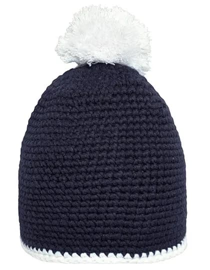 Pompon Hat With Contrast Stripe - Navy/White