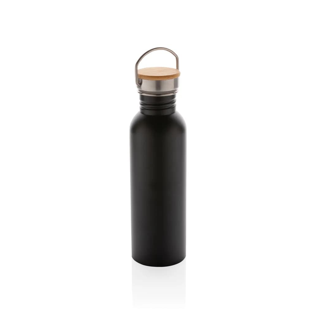 Moderne Stainless-Steel Flasche mit Bambusdeckel - schwarz