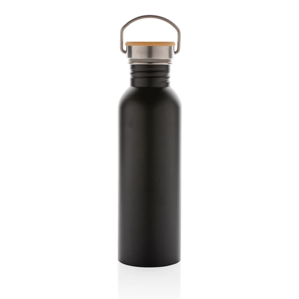 Moderne Stainless-Steel Flasche mit Bambusdeckel - schwarz