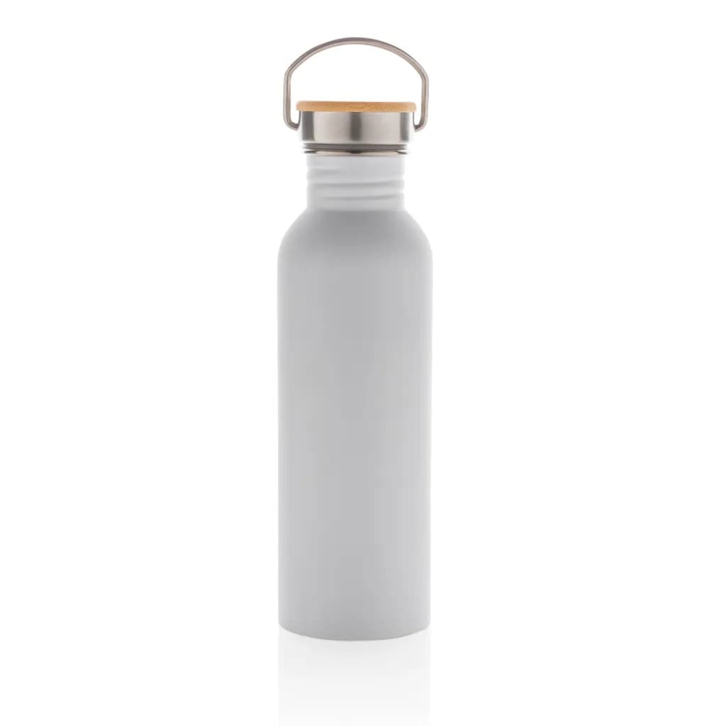 Moderne Stainless-Steel Flasche mit Bambusdeckel - weiß