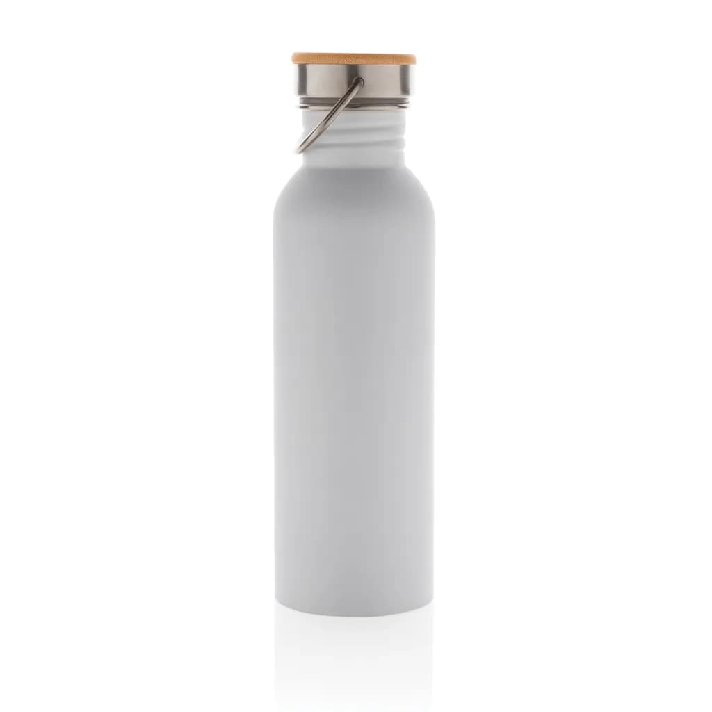 Moderne Stainless-Steel Flasche mit Bambusdeckel - weiß