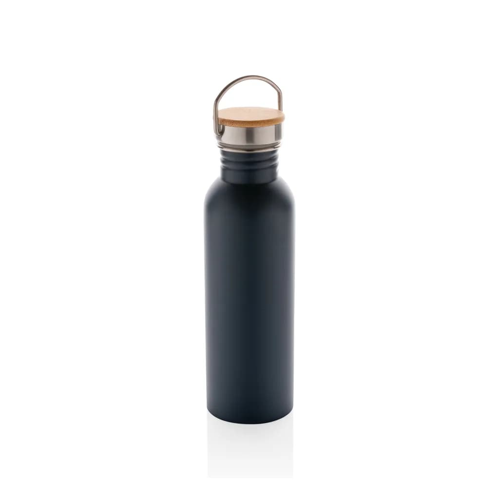 Moderne Stainless-Steel Flasche mit Bambusdeckel - blau
