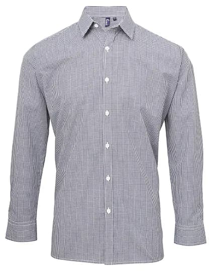 Men´s Microcheck (Gingham) Long Sleeve Cotton Shirt - Navy (ca. Pantone 2766C)/White
