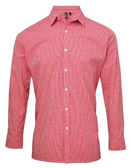 Men´s Microcheck (Gingham) Long Sleeve Cotton Shirt - Red (ca. Pantone 200C)/White