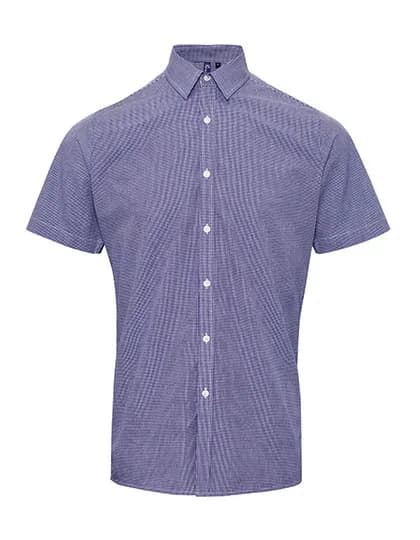 Men´s Microcheck (Gingham) Short Sleeve Cotton Shirt - Navy (ca. Pantone 2378C)/White