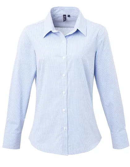Women´s Microcheck (Gingham) Long Sleeve Cotton Shirt - Light Blue (ca. Pantone 7451C)/White