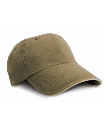 Washed Fine Line Cotton Cap With Sandwich Peak - Olive Green/Stone