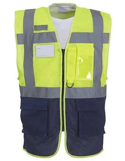 Hi-Vis Top Cool Recycled Open Mesh Executive Waistcoat - Hi-Vis Yellow/Navy