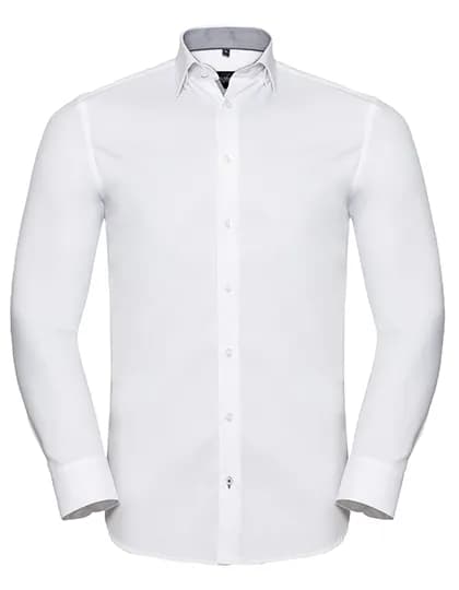 Mens Long Sleeve Tailored Contrast Herringbone Shirt - White/Silver/Convoy Grey