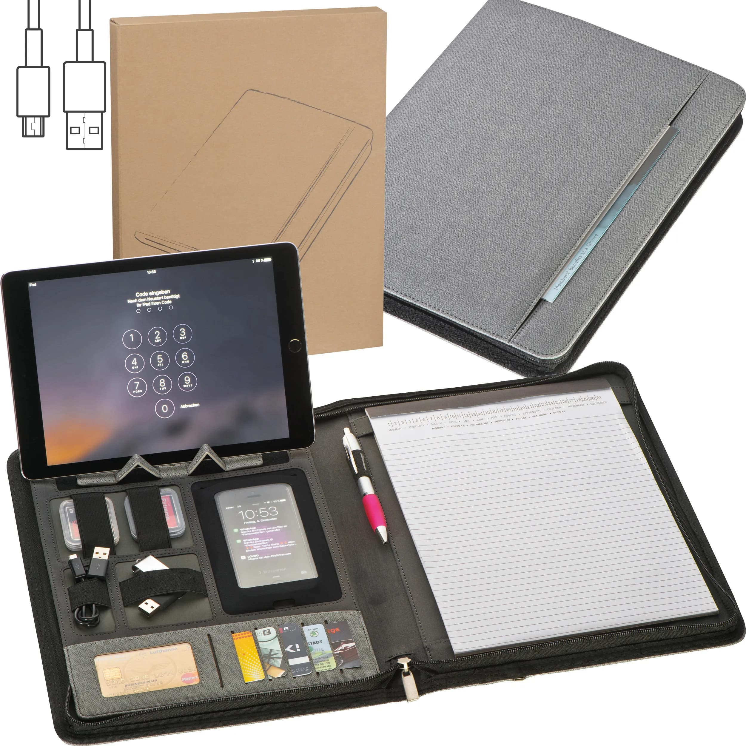 A4 Schreibmappe mit integrierter Powerbank JOCELYN - grau