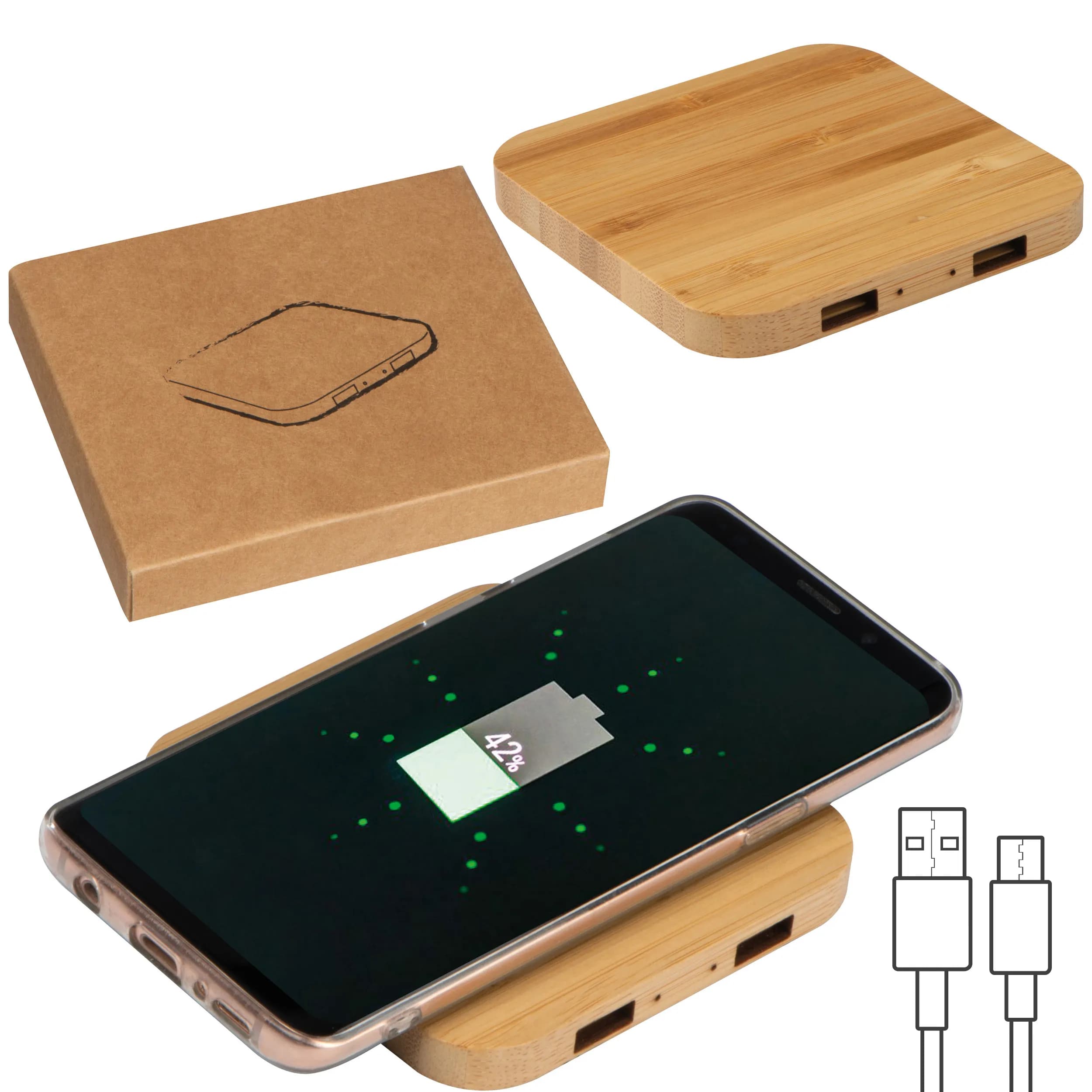 Wireless Charger aus Bambus mit 2 USB Hubs ROMAN - beige