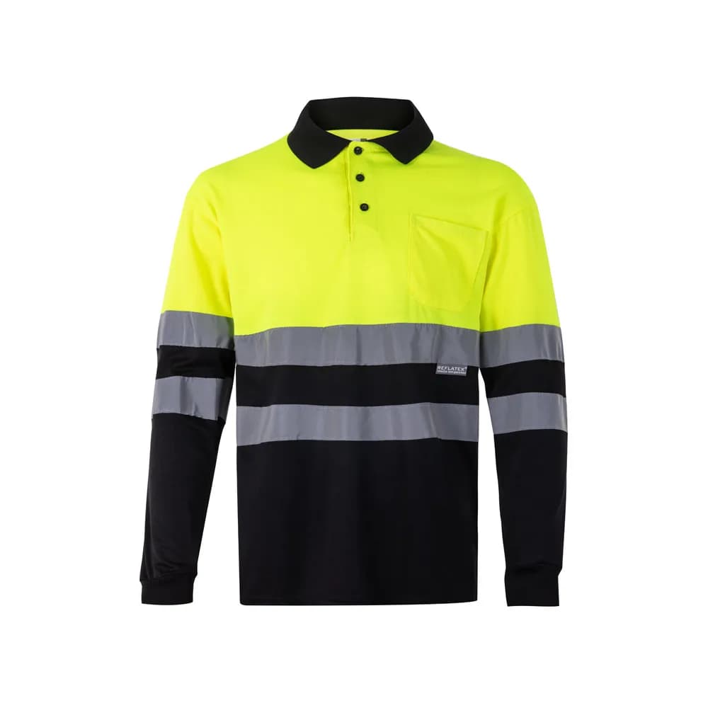 Zweifarbiges Poloshirt im Bird-Eye-Design (160g/m²) mit langen Ärmeln, aus Polyester (100%) - VL VULCAN - Schwarz