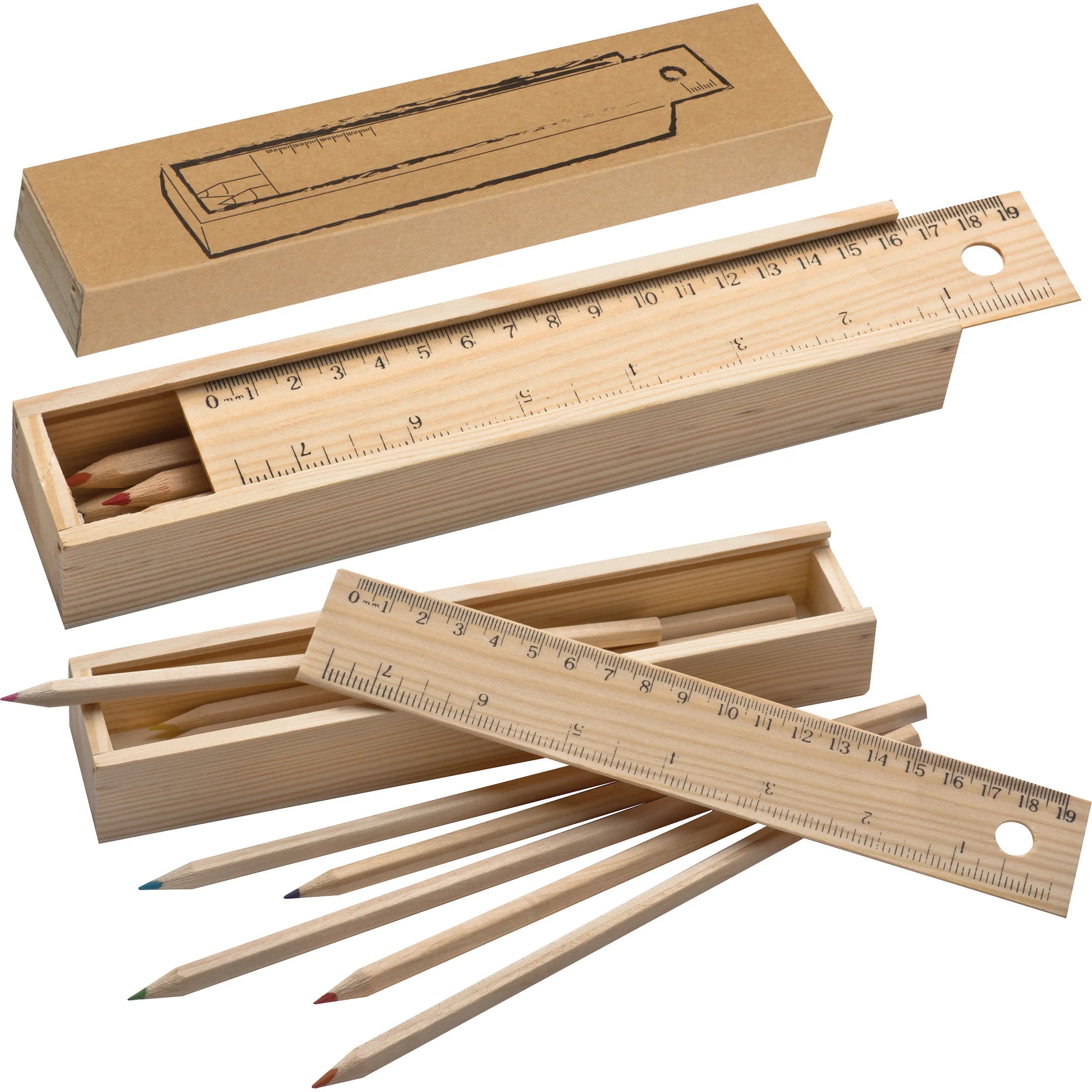 Holzbox mit 8 Buntstiften und Lineal ADELE - braun