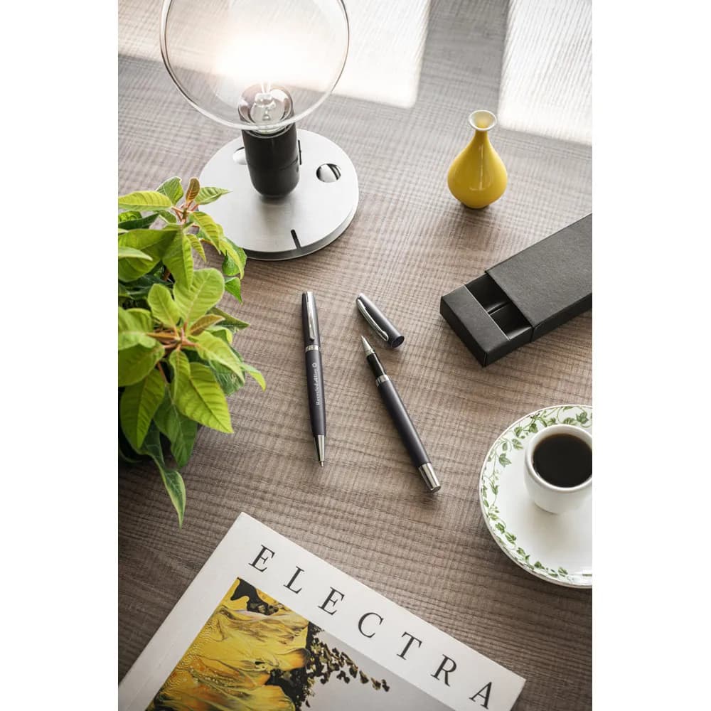 Tintenroller und Kugelschreiber mit Gehäuse aus Recyceltes Aluminium (100% rAL) - RE-LANDO-SET - Schwarz