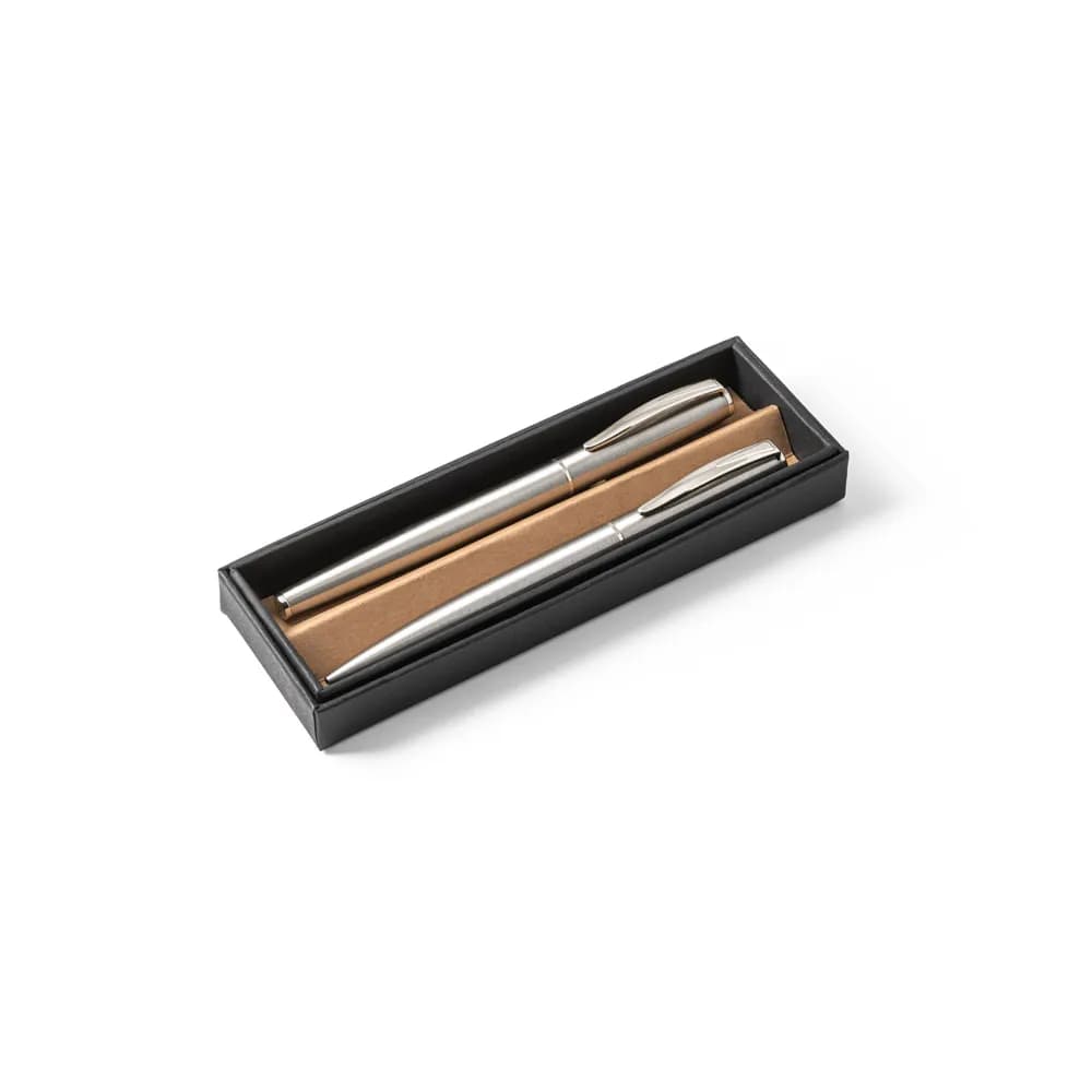 Roller- und Kugelschreiberset mit Gehäuse aus Edelstahl (53% rSS) und Clip - ELLA - Satinsilber