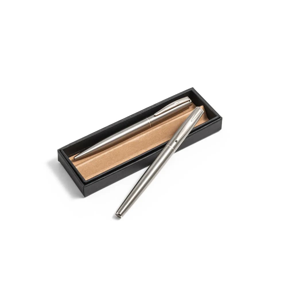 Roller- und Kugelschreiberset mit Gehäuse aus Edelstahl (53% rSS) und Clip - ELLA - Satinsilber