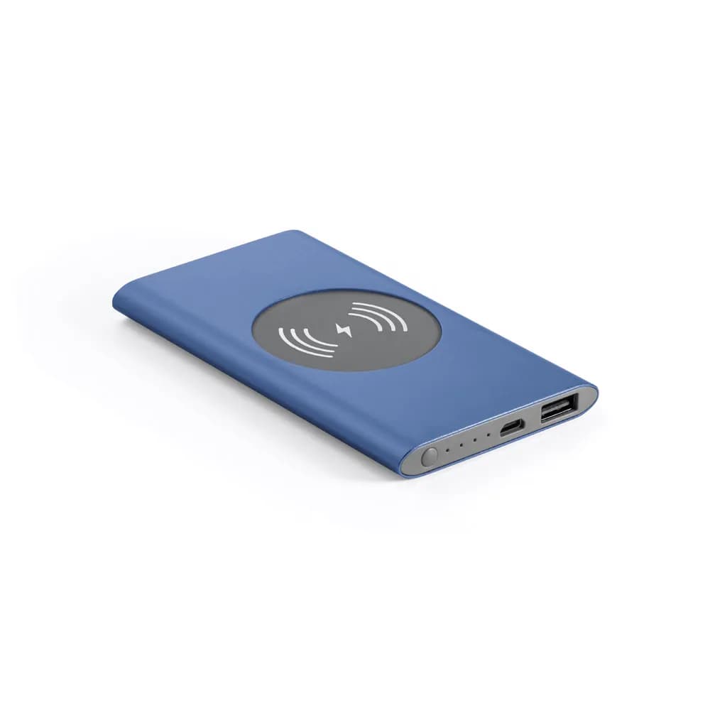 Powerbank 4000 mAh mit 5W wireless Ladegerät aus Recyceltes Aluminium (100 % rAL) - CASSINI - Blau