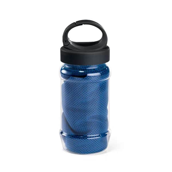Sporthandtuch aus Polyamid und Polyester mit Flasche (440 mL) aus PP und PET und einem integrierten Karabinerhaken am Deckel - ARTX PLUS - Königsblau