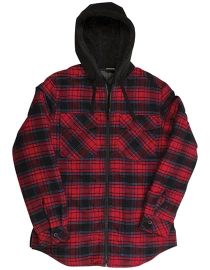 Men´s Flannel Jacket With Sherpa Hoodie - Red - Navy (Checked)