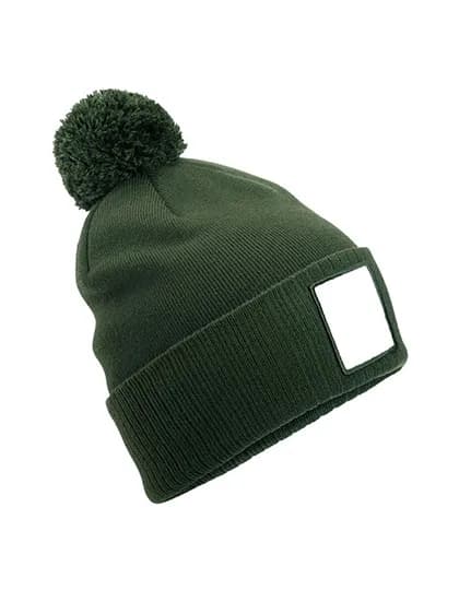Appliqué Patch Pom Beanie - Olive Green/White