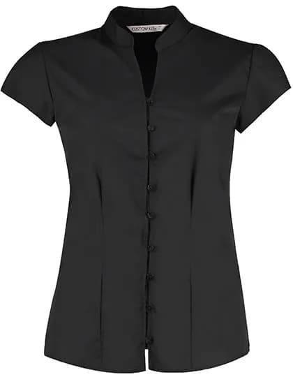 Tailored Fit Mandarin Collar Poplin Blouse Cap Sleeve - Black