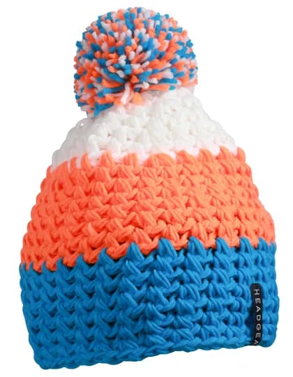 Crocheted Cap With Pompon - Pacific/Neon Orange/White