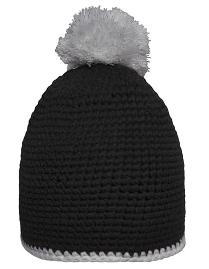 Pompon Hat With Contrast Stripe - Black/Light Grey