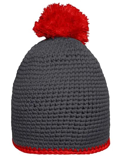Pompon Hat With Contrast Stripe - Carbon/Red
