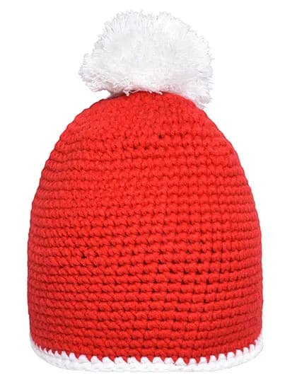 Pompon Hat With Contrast Stripe - Red/White